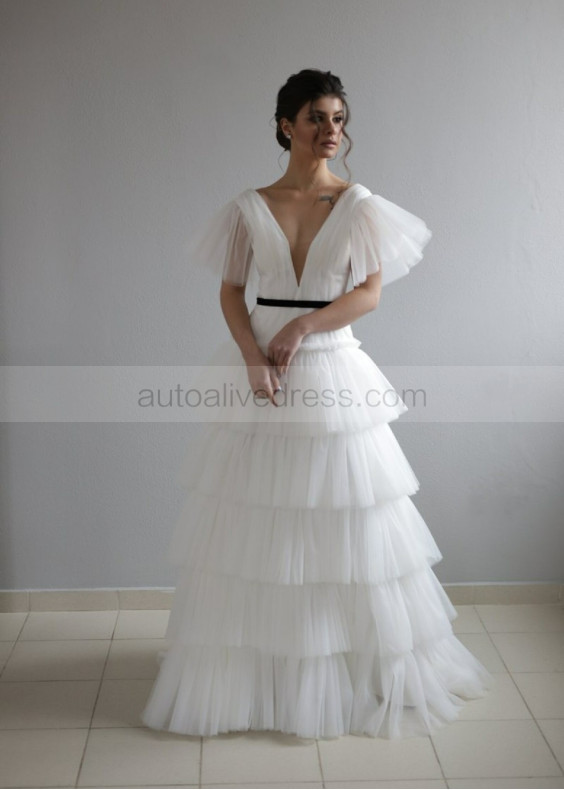 V Neck Ivory Tulle Layered Fabulous Wedding Dress